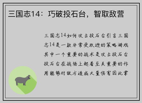 三国志14：巧破投石台，智取敌营